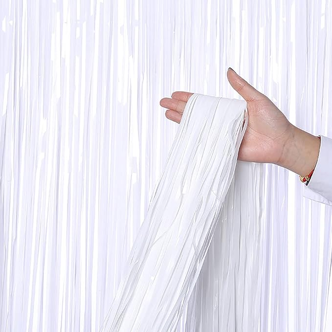 LILF White Fringe Backdrop Curtain - 6.5x6.5ft, Pack of 2 | Curtain Backdrop Tinsel Streamers for Birthday, Bridal, Baby Shower, Graduation, Euphoria, Photobooth Props