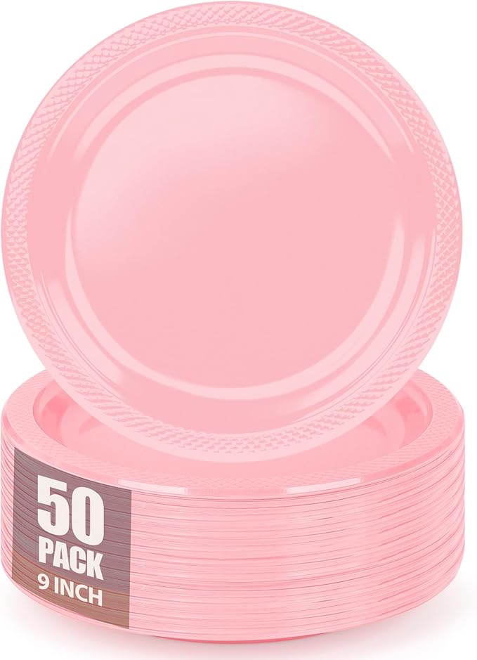 Pink Plastic Plates for Party,Disposable Tableware Kit for Birthday Wedding Baby Shower,50Set