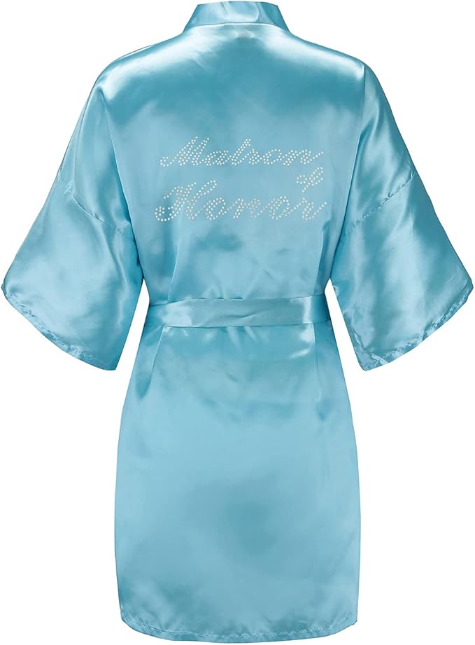 EPLAZA Women's One Size Silver Rhinestones Bride Bridesmaid Short Satin Robes for Wedding Party Getting Ready