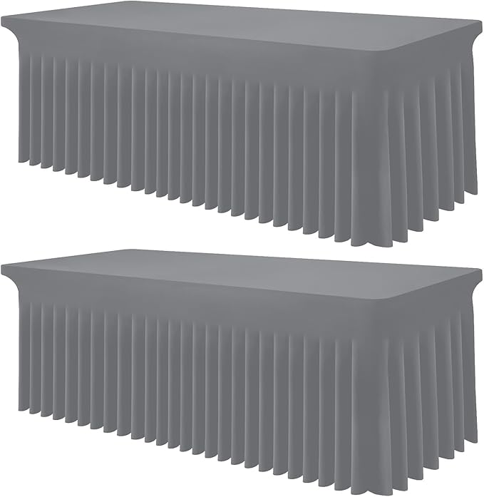 Smiry Spandex Tablecloth 2 Pack, Elastic Fitted Stretch Tablecloth for 8FT Rectangle Tables, Waterproof Washable Table Cover Skirt for Outdoor, Wedding, Banquet & Parties (Grey, 96Lx30Wx30H Inch)