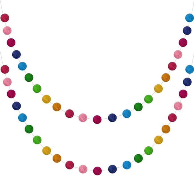 Boao 2 Pieces Wool Felt Ball Garland Colorful Pom Pom Garland Handmade 6.5 Feet Long 24 Balls Felt Banner for Wall Christmas Tree Decoration (Rainbow)