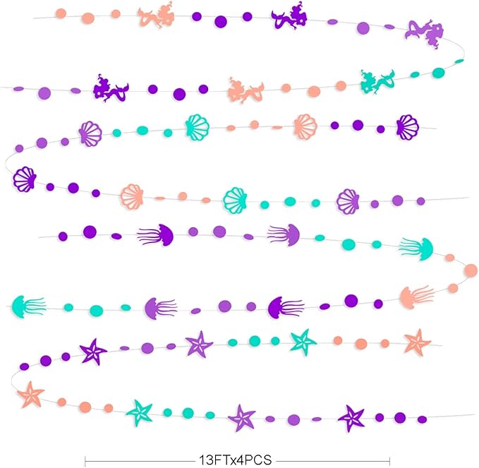 52 Ft Mermaid Party Decorations Purple Teal Coral Garland with Jellyfish Seashell Starfish Pearl Lavender Aqua Paper Streamer for Under The Sea Little Mermaid Theme Birthday Bachelorette Baby Shower
