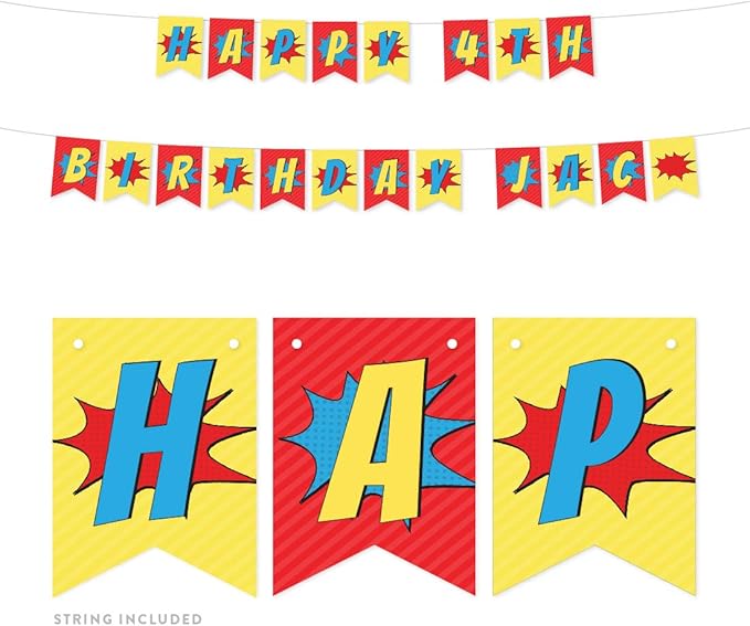 Andaz Press Personalized Hanging Pennant Banner Party Decorations, Superhero Pow Bam Style Theme, Happy 4th Birthday Jack, 1-Pack, Approx. 5-Feet, Custom Name and Number