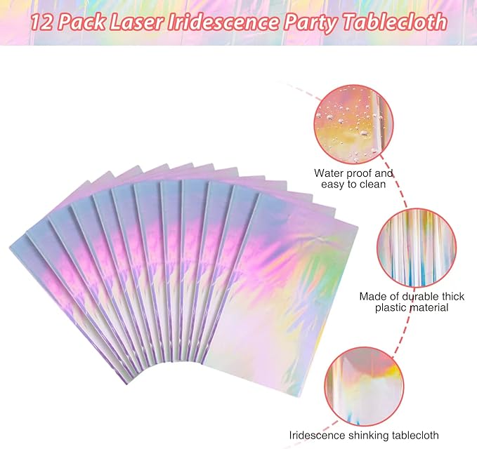 12 Pack Iridescence Plastic Tablecloths Shiny Disposable Laser Rectangle Table Covers Holographic Foil Tablecloth Iridescent Party Decoration Birthday Bridal Wedding Christmas 54" x 108"(Laser)