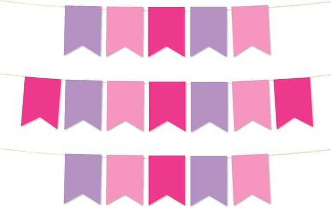 Andaz Press Hanging Pennant Banner with String, Lavender, Pink, Fuchsia, 1-Set, 24 Pennants, Approx. 12-Feet Long, Unicorn Theme Colored Supplies