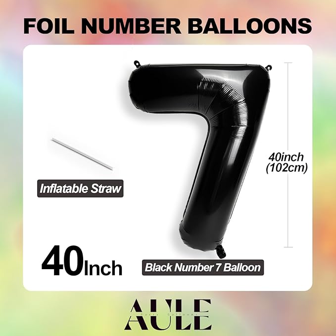 AULE 40 Inch Big Black 7 Balloon Number Large Foil Helium Number Balloons 0-9 Jumbo Giant Happy 7th Birthday Party Decorations for Boy or Girl Huge Mylar Anniversary Party Supplies
