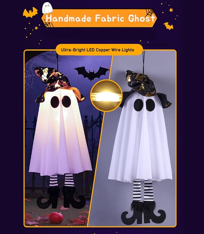 2025 New Halloween Hanging Ghosts, 18" Halloween Decorations Outdoor Hanging Ghosts with Witch Hat,Glowing Witch Hat Ghost with High Heels,for Yard Patio Garden Tree Outside(2PCS)