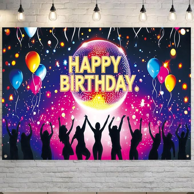 Happy Birthday Porch Banner 71x43 Inch, Large Disco Party Backdrop with Neon Lights Balloons and Dance Crowd, Birthday Decorations for Indoor Outdoor Yard Patio Wall Hanging