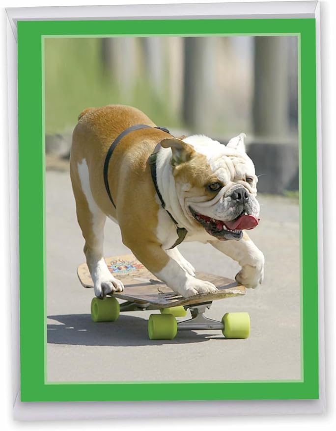 NobleWorks - Hilarious Happy Birthday Card with Envelope (8.5 x 11 Inch) - Funny Animal Greeting Card From All Of Us - Skating Bulldogs - Green Wheels J9517EBDG-US