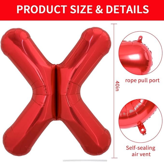 TONIFUL 40 Inch Large Bright Red Letter Balloons A-Z, Giant Jumbo Helium Foil Mylar Big Letter X Balloons for Birthday Party Anniversary Wedding Decorations