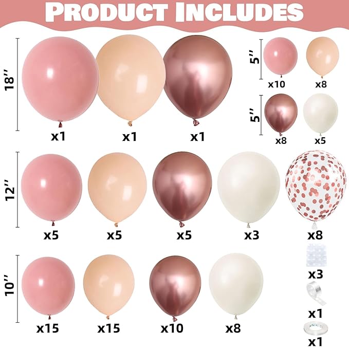 Blush Pink Balloon Garland Kit, 108 Packs Dusty Pink Beige Balloons and Metallic Rose Gold Confetti Balloons for Baby Shower Girl Birthday Wedding Decorations Suppliers