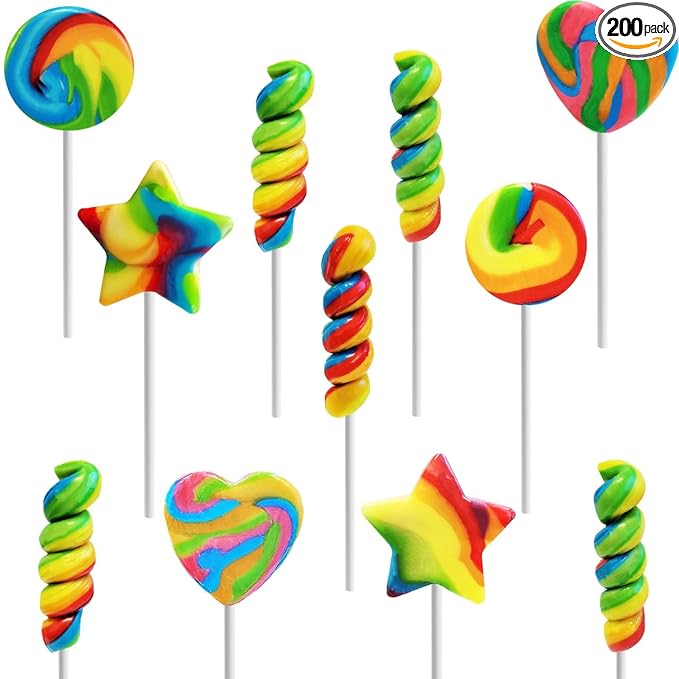 200 Assorted Mini Rainbow Swirl Lollipops and Rings,Assorted Flavors, Great for Birthday Parties, Events, and Goody Bag Fillers, Party Favors, Individually Wrapped Sucker