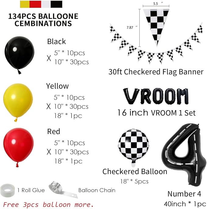 134pcs Balloons Race Car Birthday Party Supplies Decorations for Boys - Racing car Theme Party Supplies Happy Birthday Racecar Number Balloons Garland Kit Vroom Birthday Party Decorations
