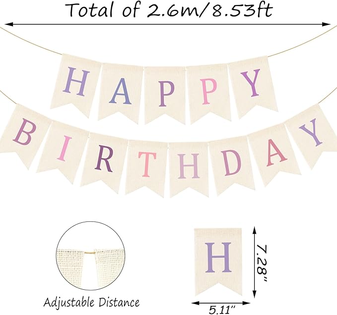 Doumeny Happy Birthday Burlap Banner Boho Birthday Garland Bunting Purple Pink Bohemian Party Hanging Banner White Happy Birthday Sign Flag Colorful Birthdays Bunting Garland for Home Mantel Fireplace