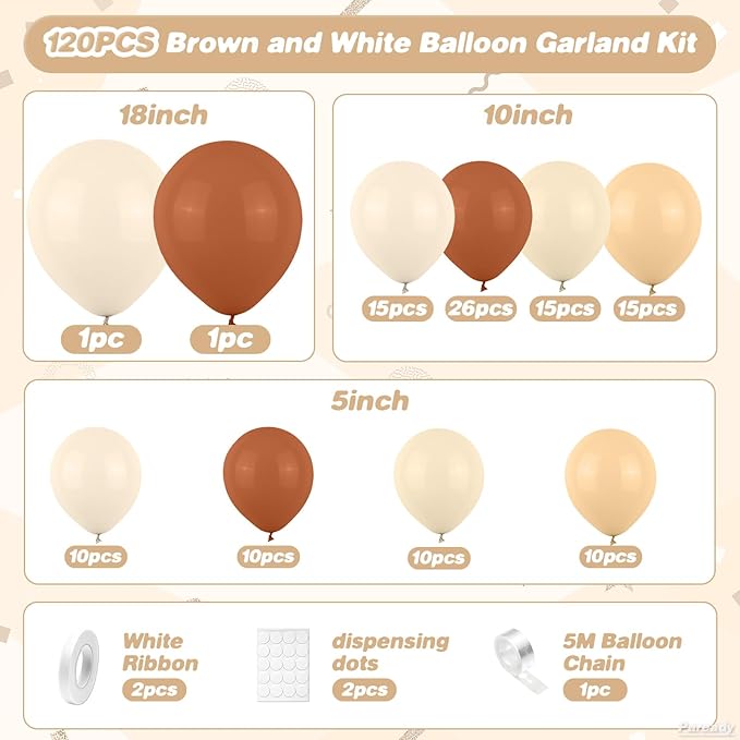 Brown White Balloons Garland Kit, 120pcs Brown and White Balloon Arch Kit With Leopard Foil Balloon Different Sizes For Jungle Safari Forest Themed Birthday Baby Shower Island Party Wedding Decor