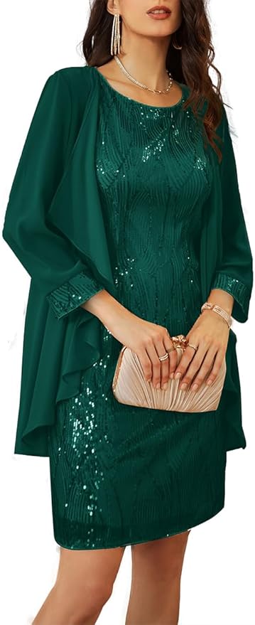GRACE KARIN Women's Sequin Dress - Wedding Guest & Mother of The Bride Formal Dress - Two Piece Knee Length