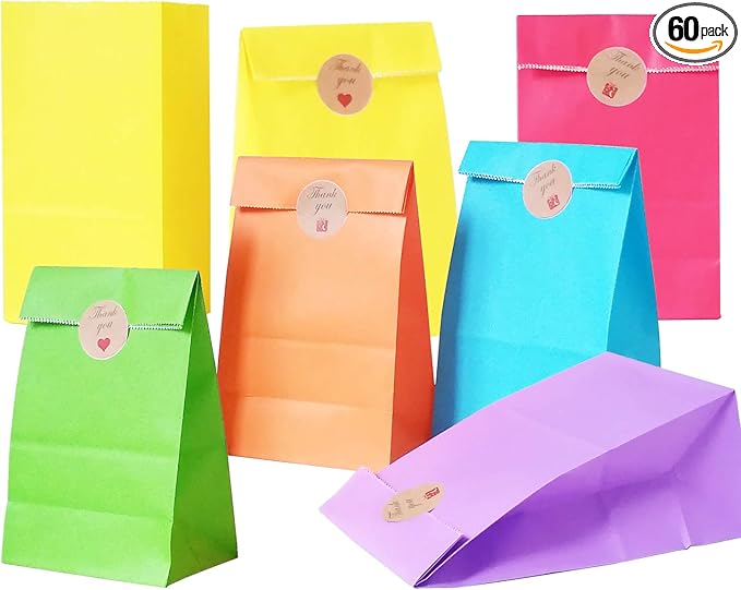 Future Life 60 pcs Solid Color Party Favor Paper Bags, 5.2 * 3.2 * 9.6 Inch, Food Safe Kraft Paper and Ink, Natural (Biodegradable), Vivid Colored Gift Bags, Give Away Bags.