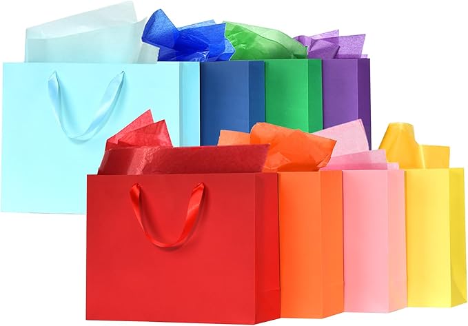 WrapNGo 8 PCS Gift Bags with 16 Tissues 8 Colors Party Favor Bags with Handles 14x4.5x11 Inch Goodie Bags for Valentine's Day, Party,Birthday,Baby Shower,Wedding, School Supplies and Gifts