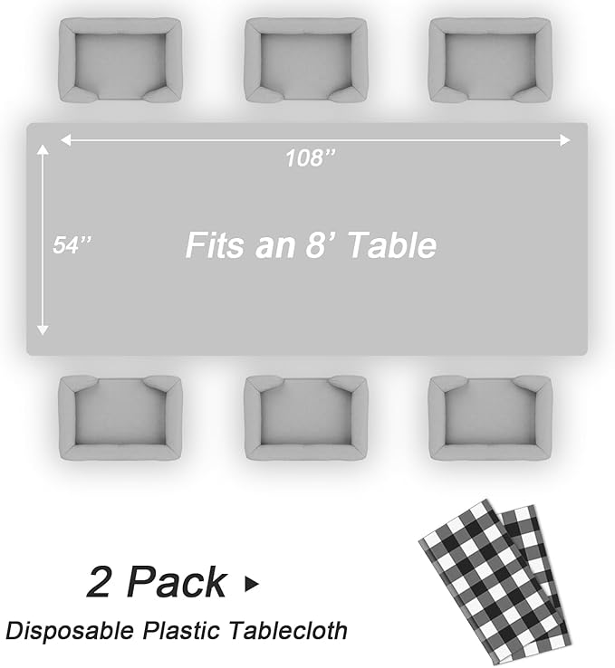 QIKSION Black Gingham Tablecloth Disposable 2 Pack, 54 x 108 Inch Black and White Checkered Table Cloth for Picnic, Outdoor BBQ Decorations, Birthday Party Supplies, Rectangle, Plastic Table Cover