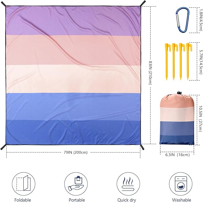 WIWIGO Beach Blanket Waterproof Sandproof Beach Mat 79" X 83"/10'x9'for 2-8 Adults Quick Drying Outdoor Picnic Mat Beach Accessories for Travel, Camping, Hiking