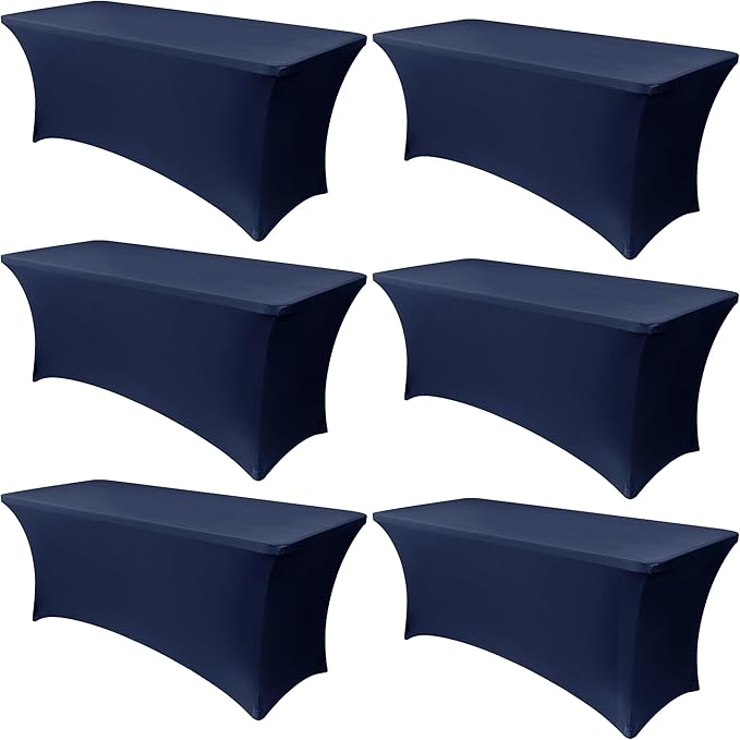 Obstal 6 Pack Stretch Spandex Table Covers for 8 Foot Tables - 8 FT Universal Rectangular Fitted Tablecloth Protector for Wedding, Banquet, Party (Navy, 96 Length x 30 Width x 30 Height Inches)