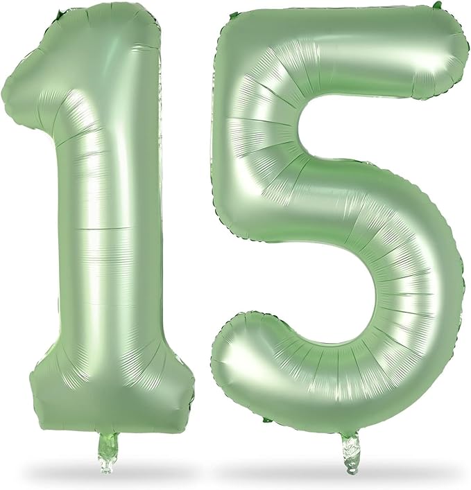 15th Birthday Balloons for Girls, 40 Inch Giant Sage Green Foil 15 Number Balloons, Olive Green Digit 1 & 5 Helium Balloons for Boys Women Men 15th 51st Anniversary Jungle Safari Party Decorations
