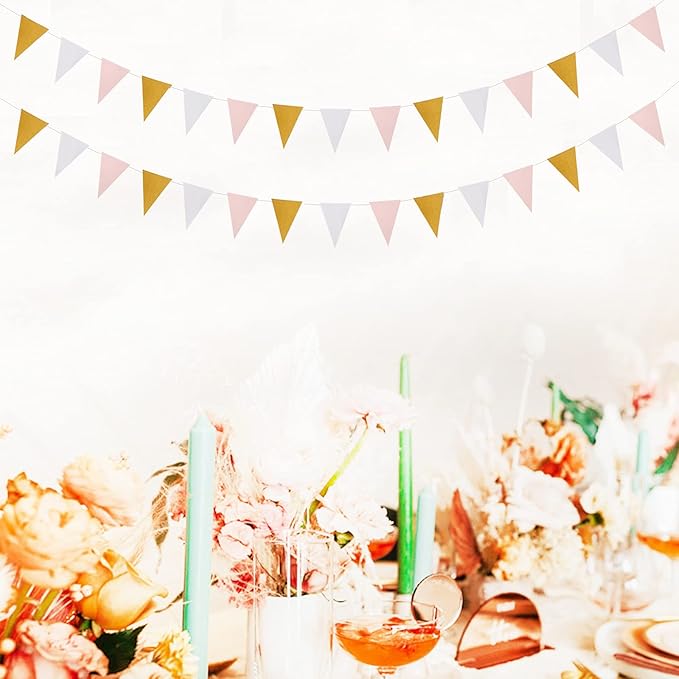 Pink White Gold Pennant Banner - 2 Pack Glitter Sprinkles Paper Triangle Flags, Birthday Bachelorette Engagement Wedding Baby Bridal Shower Party Decorations Bunting Lasting Surprise