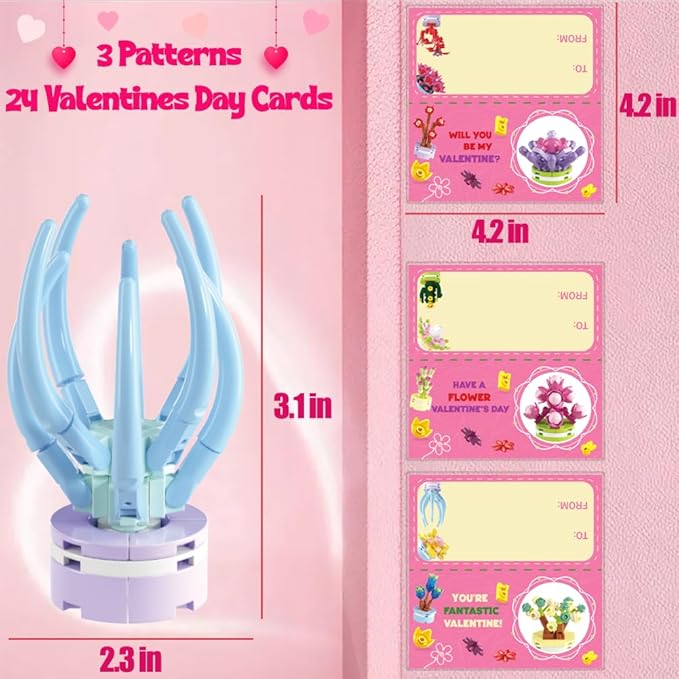 WODMAZ Valentines Day Cards with Plant Building Blocks, 24 Packs Succulents Flower Toys Valentines Day Gifts for Kids School Classroom Exchange, Valentine Party Favor, Valentine's Greeting Cards