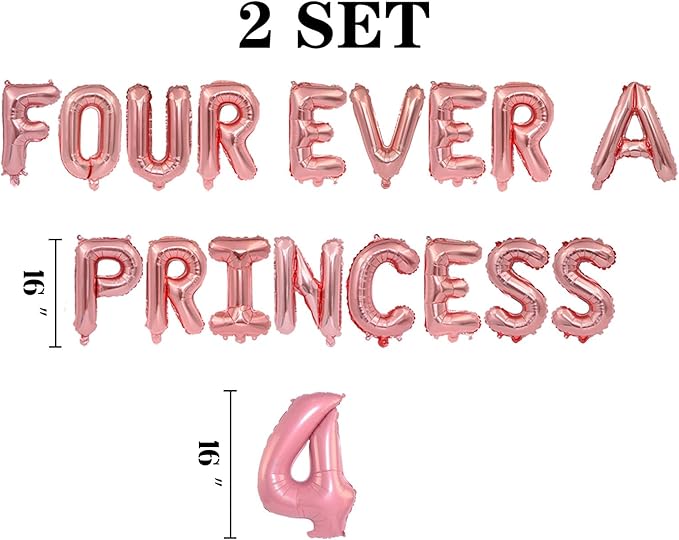 2 Set 36Pcs Rose Gold FOUR EVER A PRINCESS Letter Balloons 16in Balloon Foil Letter Decorations Party Decor Rose Gold Letter Balloons FOUR EVER A PRINCESS Party Supplies