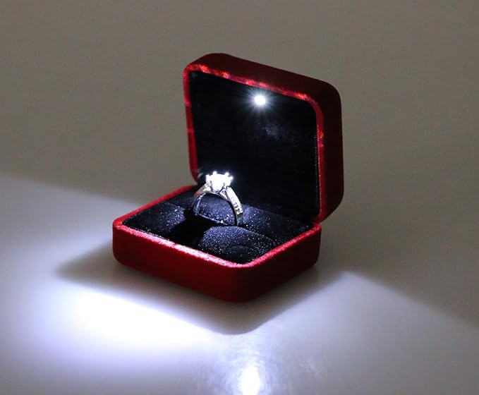 Velvet Metal Glossy with LED Jewelry Gift Box for Proposal, Engagement, Wedding - Easy to fit into Your Pocket or Handbag - Red