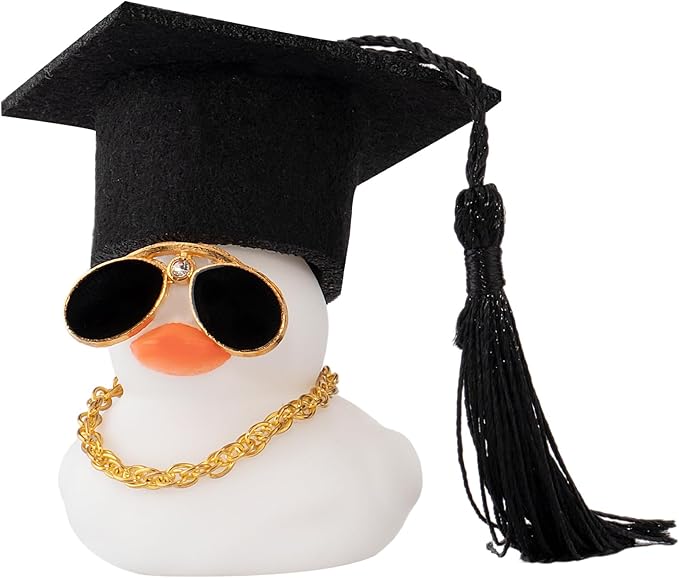 wonuu Car Dashboard Decor Graduation Hat Color Rubber Duck, Car Ducks Ornaments with Mini Graduation Hat Necklace Sunglasses (White)