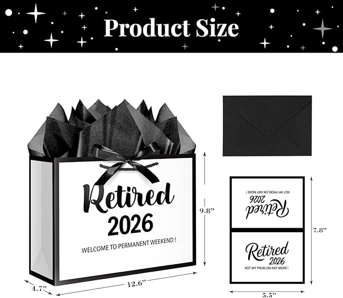 JWSCYSY Large White and Metallic Black Retirement Gift Bag with Tissue Paper, Retired 2026 Gift Bag with Greeting Card for Men Women Retirement Party Decorations Supplies