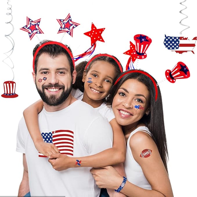 WODMAZ 12PCS Patriotic Headbands, 4th of July Headbands with Stars Flag Uncle Sam Hat, Patriotic Boppers Accessories for 4th of July Independence Day Party Favors