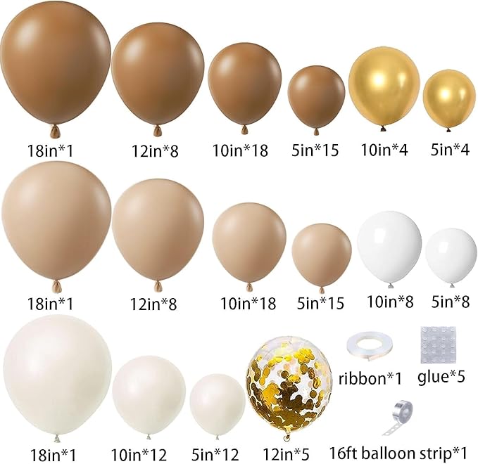 CboDeco Brown Balloon Garland Arch Kit 141PCS Brown Boho Neutral White Gold Latex Metallic Confetti Balloons for Safari Neutral Bear Baby Shower Birthday Party Decorations