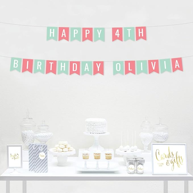 Andaz Press Personalized Hanging Pennant Banner Party Decorations, Seafoam Mint Green, Coral, Happy 4th Birthday Olivia, 1-Pack, Approx. 5-Feet, Custom Name and Number