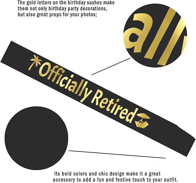 Officially Retired Sash Gold Foil, Black Retirement Party Sash for Men or Women, The Legend Has Retired Sash, Great for Retirement Party Supplies, Gifts & Decorations (Black, Gold)