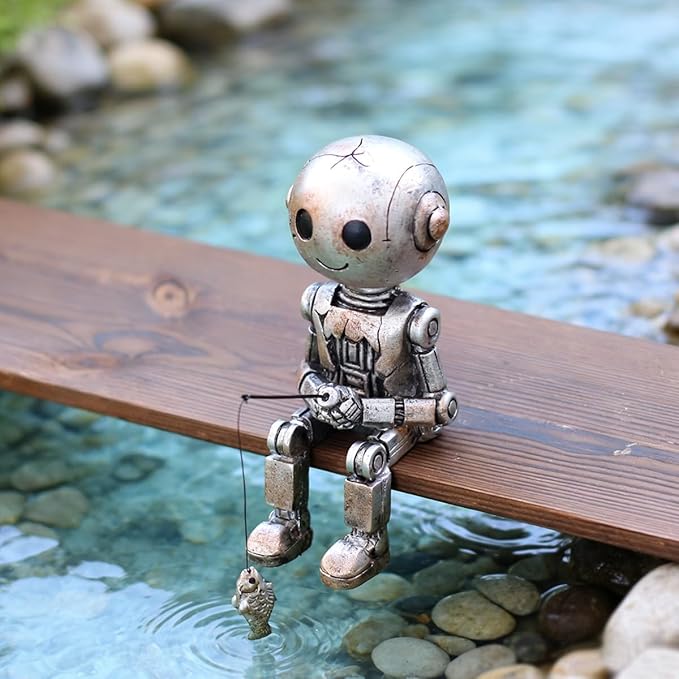 Fishing Robot Statue Funny Halloween Decorations, 4.33 Inch Cute Sitting Figurine Shelf Sitter Resin Sculpture for Outdoor Garden Yard Lawn Pond Waterfalls Pool Ornaments