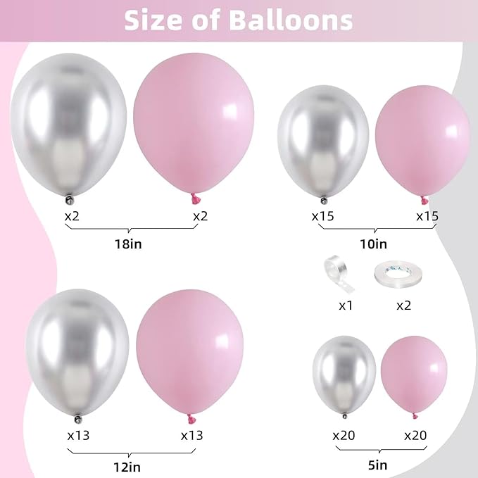 Pink and Silver Balloon Arch Kit, Metallic Silver Macaron Pink Balloon Garland Kit, Helium Latex Balloons Different Sizes for Wedding Bridal Shower Baby Shower Party Decorations
