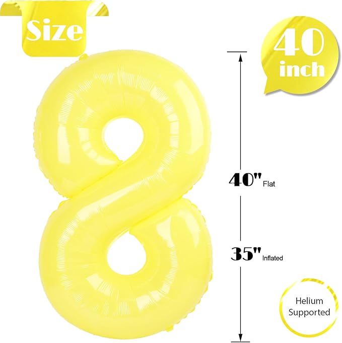 Yellow Number 8 Balloon 40 Inch, 8 Balloon Number, 8th Birthday Decorations, Yellow Party Supplies for Boys Girls