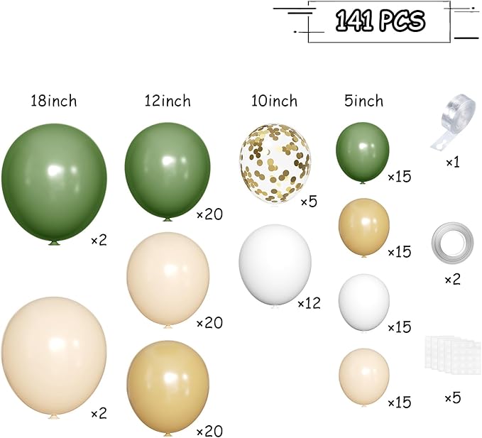 Green White Sand Balloon Arch Kit, 141Pcs Avocado Green Sand White Boho Sandy Brown and White Balloons for Baby Shower Bridal Shower Birthday Party