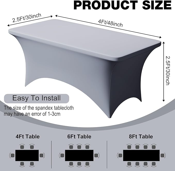 Trlyc 2 Pack 4FT Spandex Table Cloth - 48 x 30 Inch Rectangular Stretch Tablecloth, Wrinkle Resistant Scretch Table Cover for Wedding, Party, Banquet, Picnic, Outdoor Decoration (2Pcs,Grey)