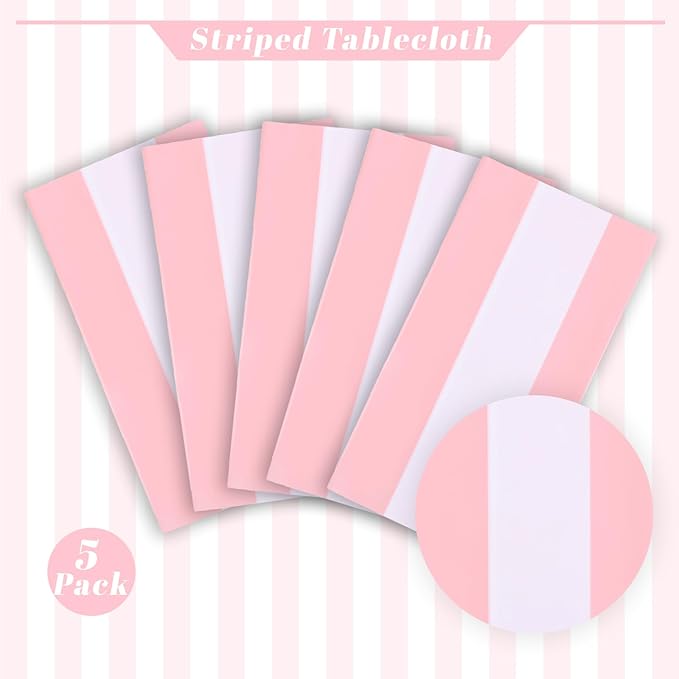 Kesfey 5 Packs Pink and White Horizontal Striped Table Cloth 54 x 108 Inches Pink Stripe Tablecloths Disposable Plastic Stripe Table Covers Waterproof Rectangle Picnic Tablecover for Birthday Party