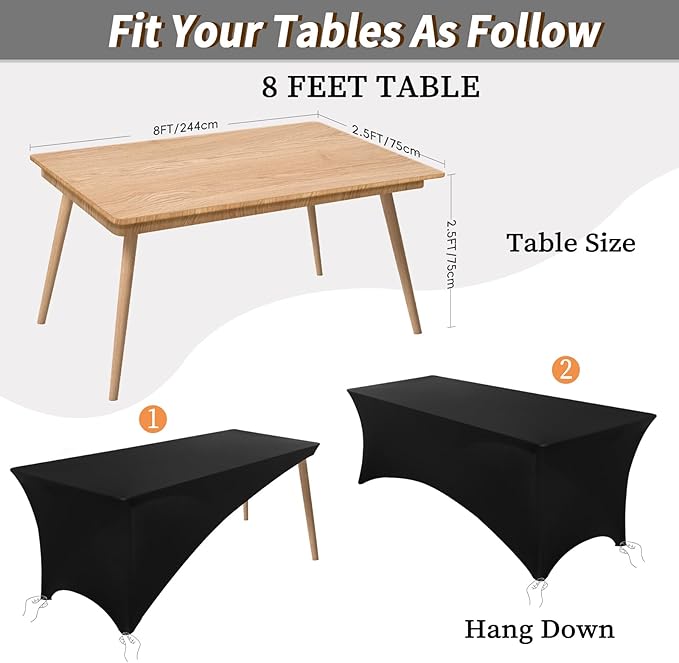 Fixwal Table Cloths for 8 Foot Rectangle Tables, 2 Pack, Black Table Cloths Rectangle 8FT, Fitted Tablecloth, Stretch Spandex Table Cover (96L x 30W x 30H Inch)