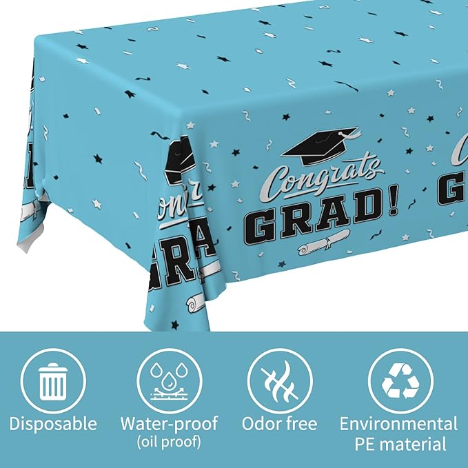 Gatherfun Graduation Party Decorations, Gongrats Grad Tablecover for Graduation Party Supplies, 3 pcs Sky Blue Table Cloths, 54"x108"