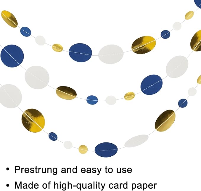 GCQQ 52Ft Blue Gold Circle Garlands Royal Blue Paper Polka Dot Streamer Garland Glitter Circle Dots Hanging Garland for Ramadan Graduations Nautical Ahoy Achor Pirate Party Decoration