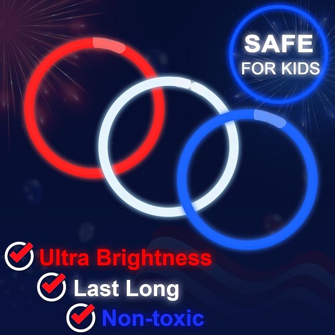 Red White Blue Glow Sticks Party Favors Supplies 150 PCS,Light Up Bracelets Necklaces Accessories Decorations for Kids,Fun USA Items for Fourth of July Patriotic Birthday Pool Games Activities