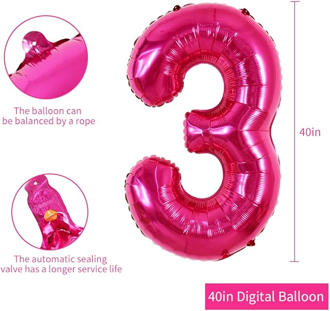 TONIFUL 40 Inch Hot Pink Large Numbers Balloon 0-9 Birthday Party Decorations,Foil Mylar Big Number 3 Balloon Digital 3 for Birthday Party,Wedding, Bridal Shower,Engagement,Graduations,Anniversary