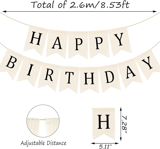 Domeny Happy Birthday Burlap Banner Boho Birthday Bunting Banner Black Bohemian Birthdays Bunting Garland Rustic White Birthday Party Hanging Garland for Women Men Birthday Kid Photo Backdrop