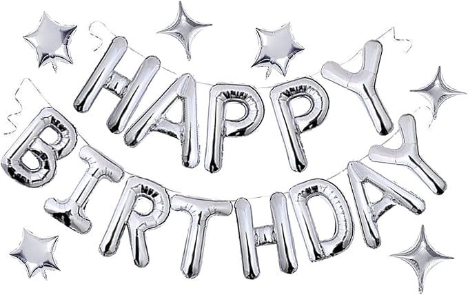 Silver Happy Birthday Balloon Banner, 16 Inch Mylar Foil Letter Birthday Balloons with 6pcs Star Balloons, Birthday Party Decorations for Kids Boys Men Adults Birthday Party Supplies