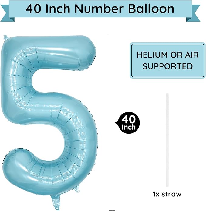 40 Inch Light Blue Number Balloon 5, Large Baby Blue Number 5 Balloons for Birthday Party Decorations, Blue Foil Mylar Birthday Balloons